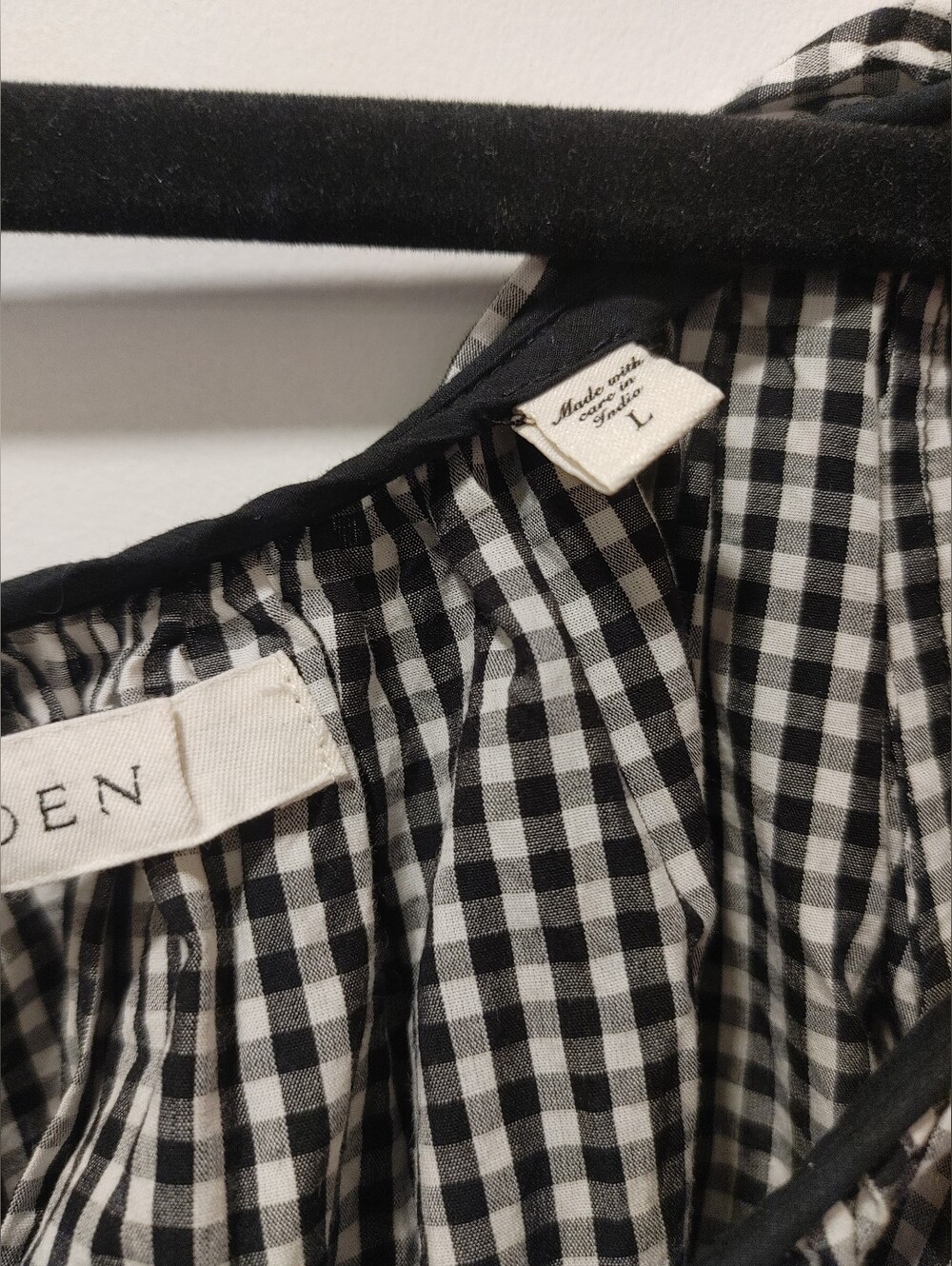 New DÔEN Julia Gingham Cotton Black & White Gingham Shirt Dress with Tie Neck - Picture 7 of 14